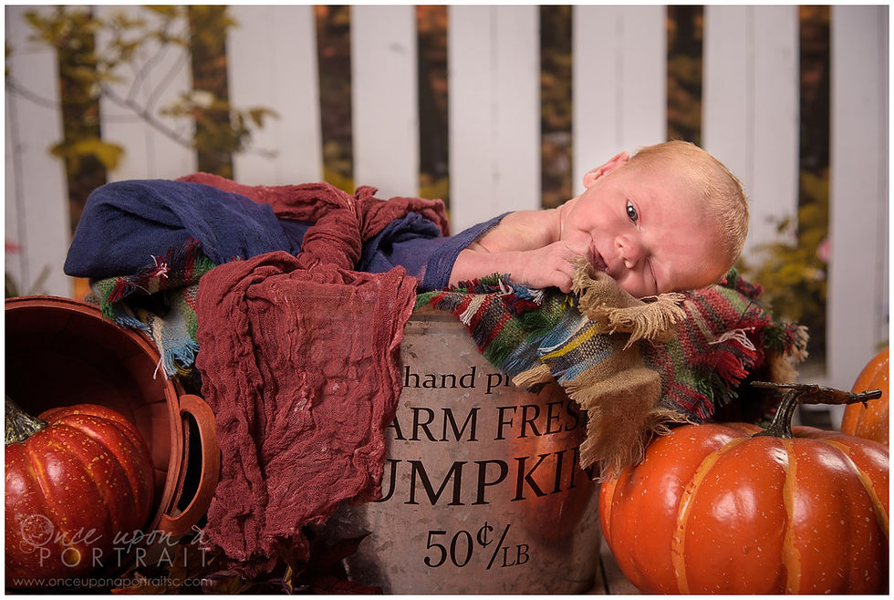 fall theme newborn session baby boy pumpkin orange studio smile wink awake