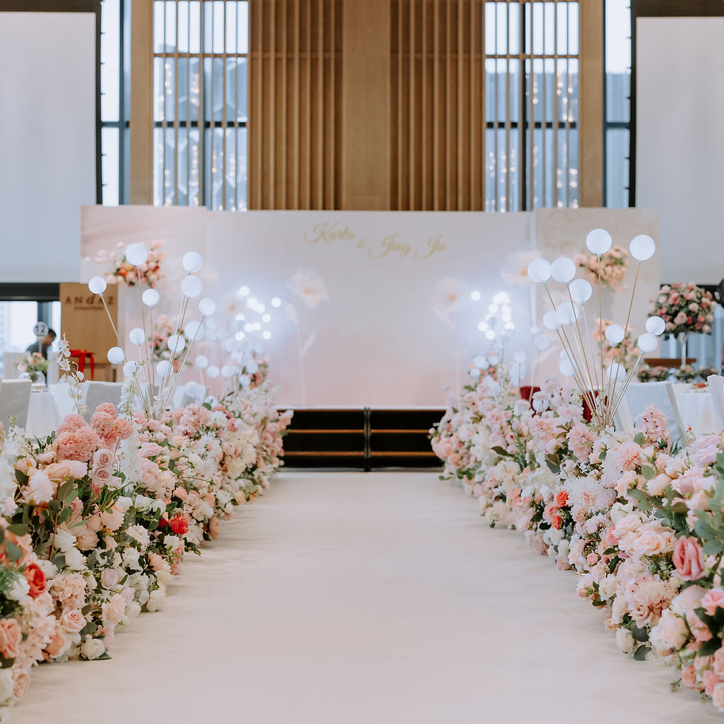 Image 1: Custom backdrop with full floral aisle and bubble lights