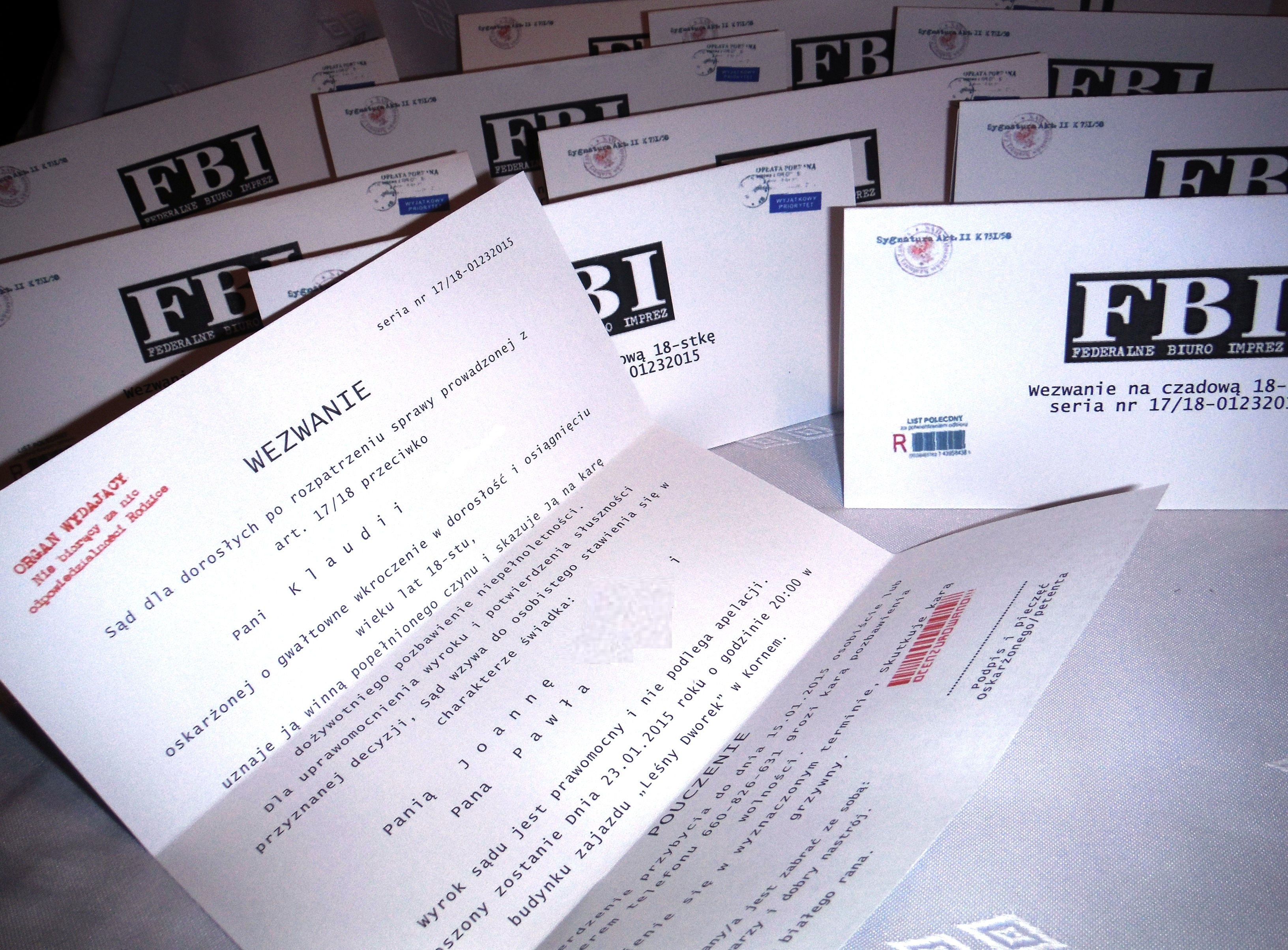 zaproszenie na urodziny wezwanie FBI