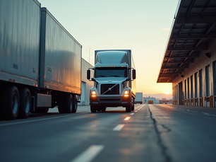 Semi-truck at a loading facility representing faster freight invoice payments for trucking companies