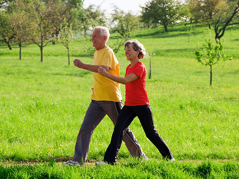 Senior couple on a power walk on a beautiful spring day out in the field..jpg