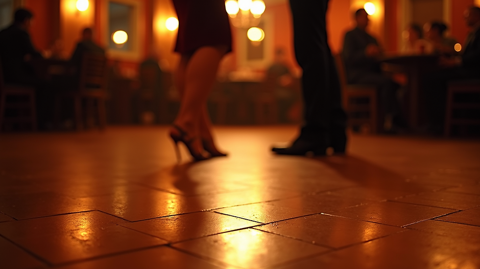 Eye-level view of a wooden dance floor in a tango milonga venue