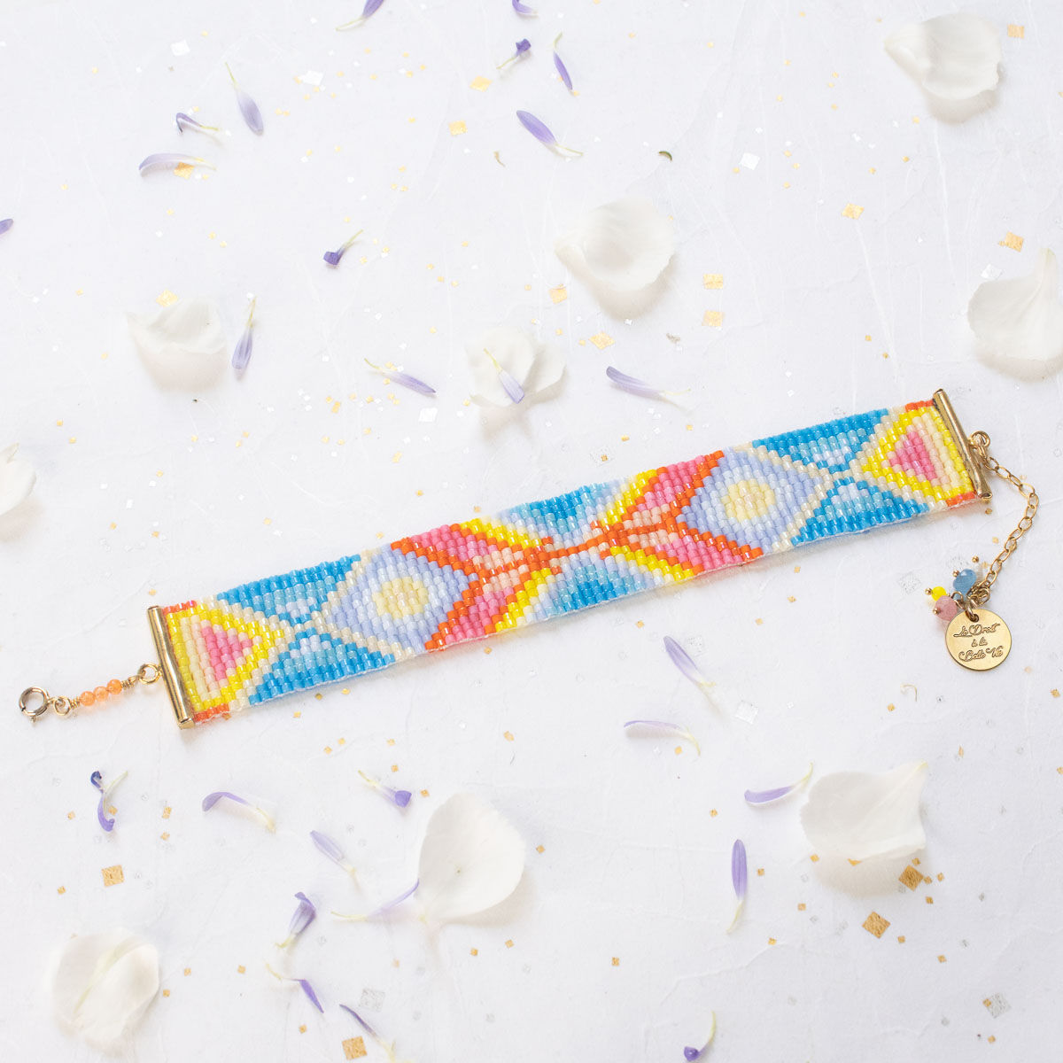 Bijou bracelet tissage perles Miyuki, manchette tissage bleu, orange, rose, Le Droit à la Belle Vie fabriqué à Paris