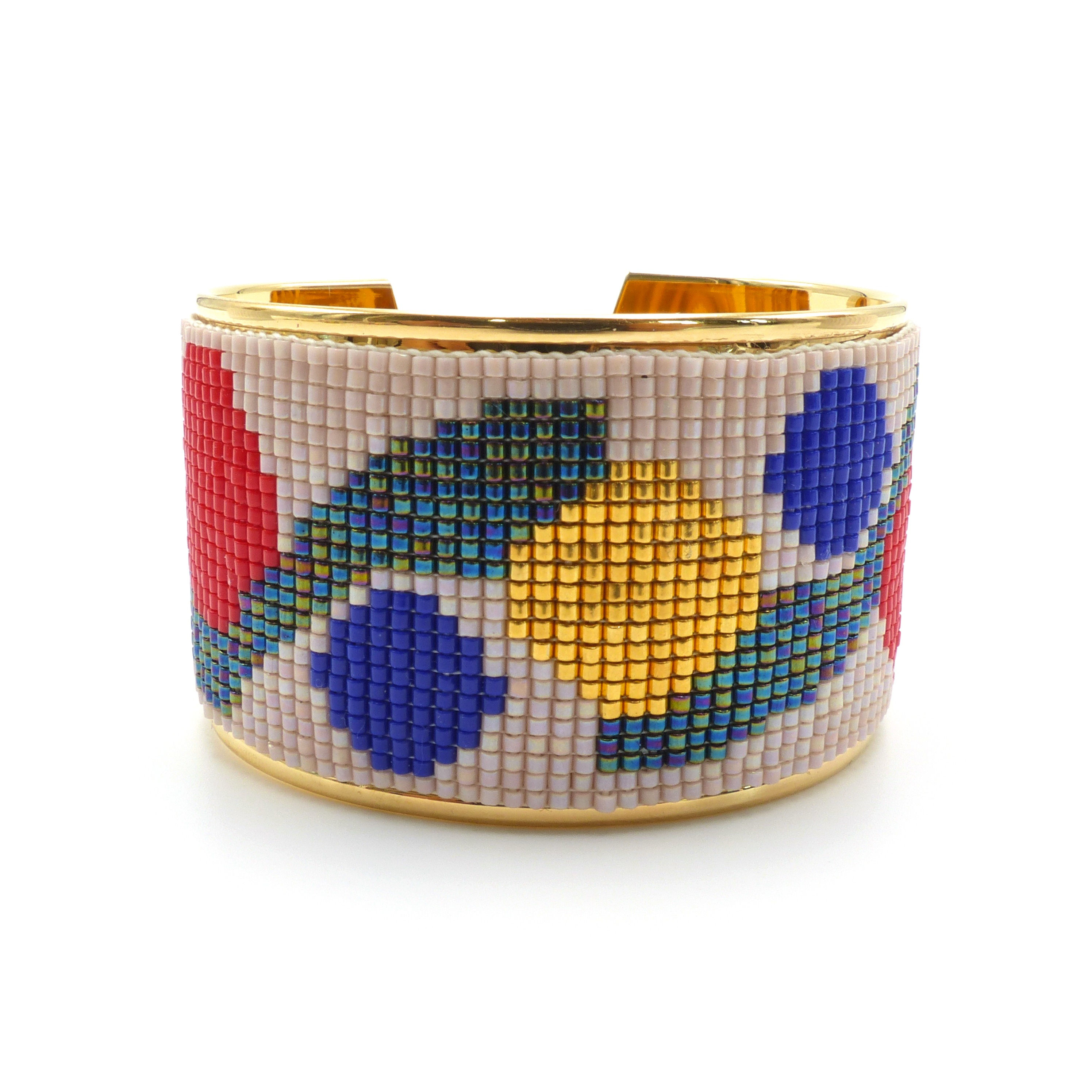 Bijou, Bracelet, Manchette avec tissage perles, Miyuki, bleu, rouge, or, doré or fin, Boutique Le Droit à la Belle Vie, Paris