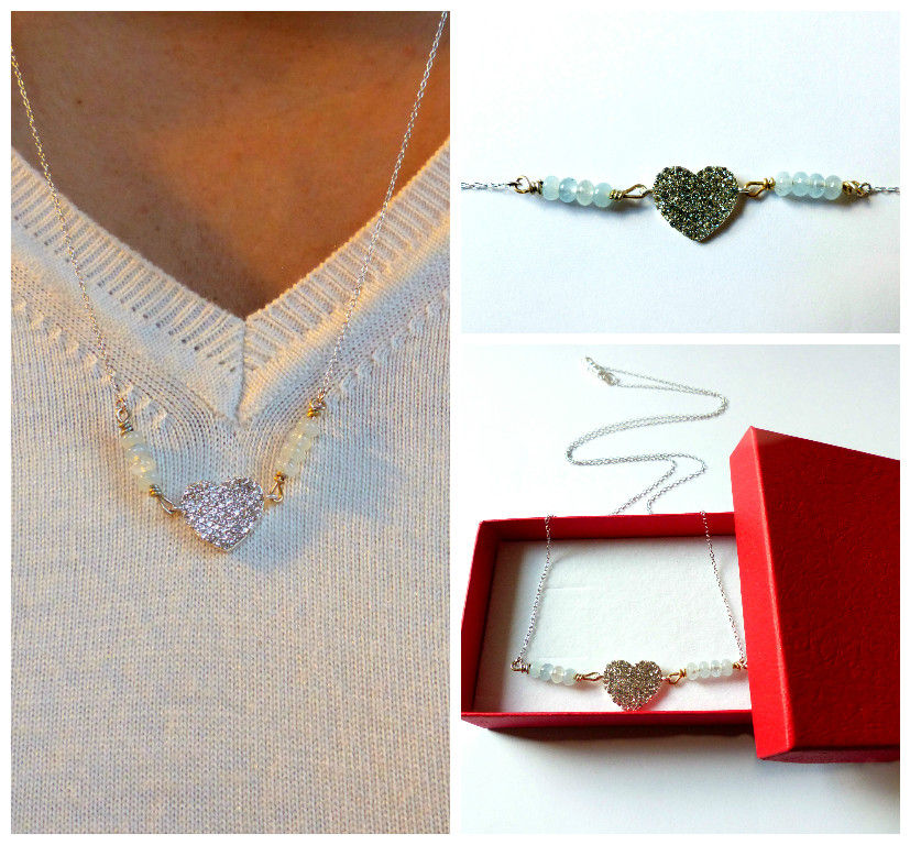 Thumbnail: Bijou, Collier Amour, chaîne en argent, aigue-marine, coeur en strass, bleu, Boutique Le Droit à la Belle Vie, Paris