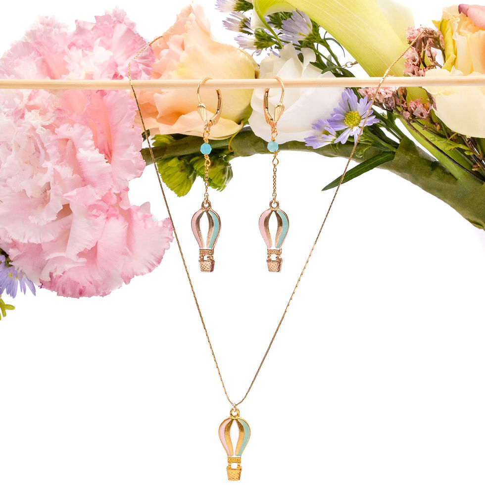 Bijou Collier Montgolfière, bleu, rose, blanc, acidulé, hot air balloon, Le Droit à la Belle Vie bijoux Paris