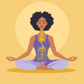 Woman meditating in lotus pose with calm expression, wearing purple. Yellow neural pathway illustration on her torso. Yellow background.