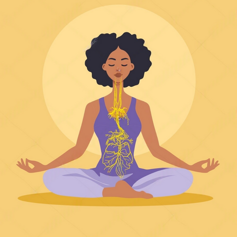 Woman meditating in lotus pose with calm expression, wearing purple. Yellow neural pathway illustration on her torso. Yellow background.