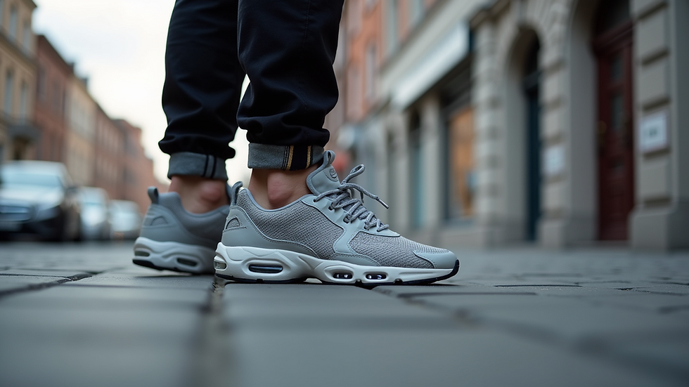 Close-up of designer sneakers on urban pavement