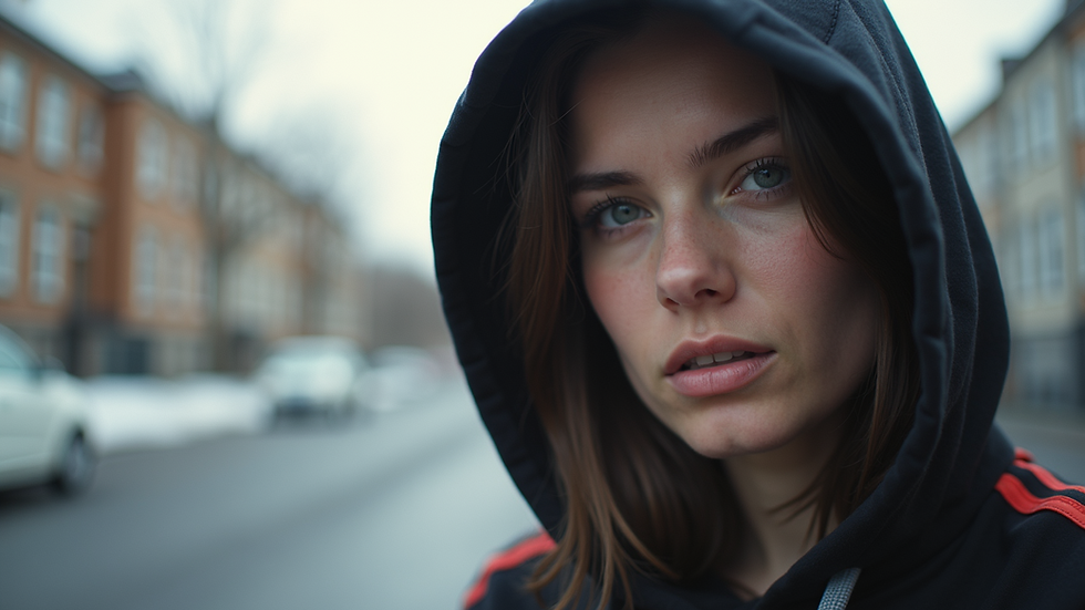 Eye-level view of oversized hoodie with bold graphic print