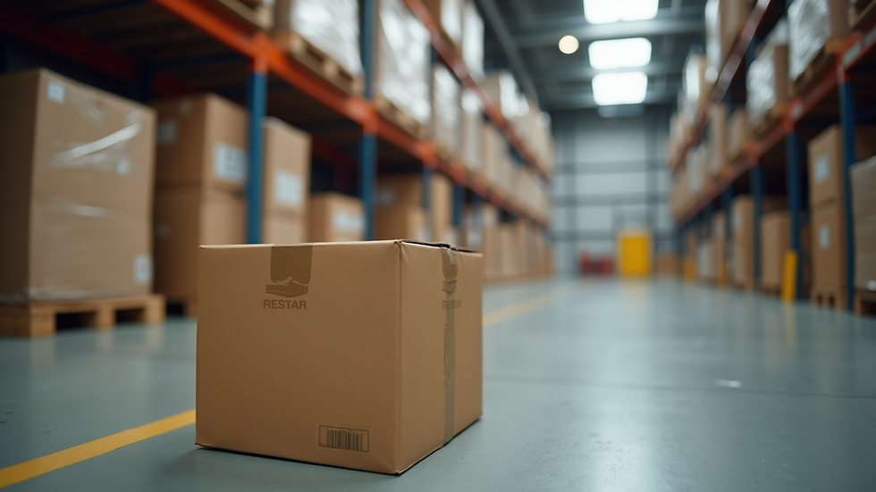 Eye-level view of a shipping box in a warehouse setting.