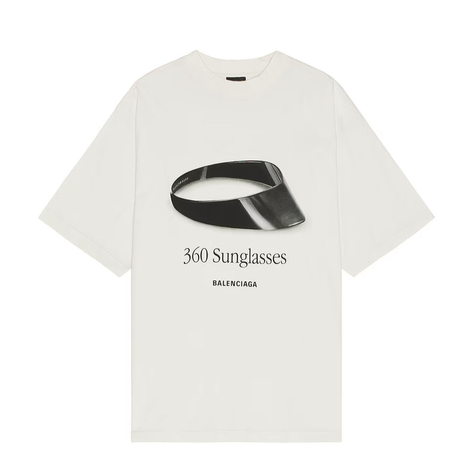 Balenciaga Medium Fit Dirty White T-shirt laid flat front view with 360 Sunglasses graphic
