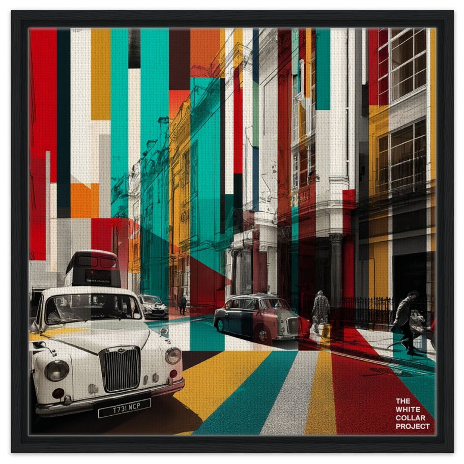 Angled view of limited-edition “Pulse Chromatique” framed fine-art print — The White Collar Project