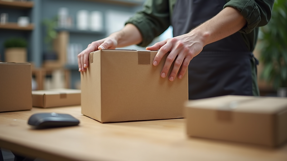 Close-up of a return shipment being organized on a table.