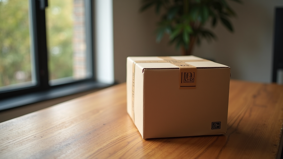 High angle view of a shipping box on a wooden table