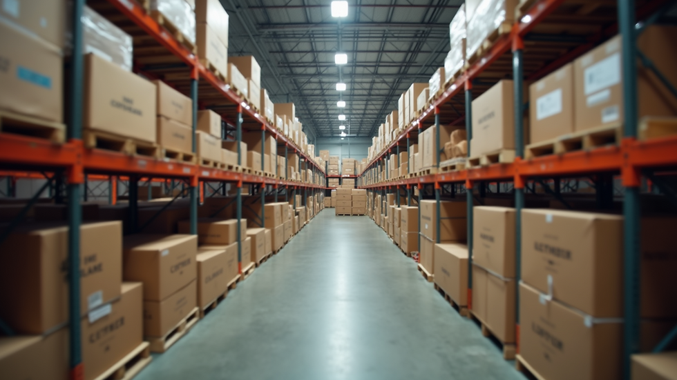 High angle view of a warehouse with clothing boxes ready for shipment
