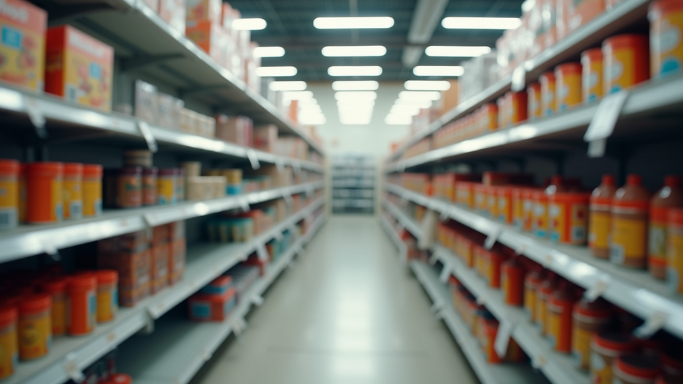Eye-level view of retail store shelves with labelled products
