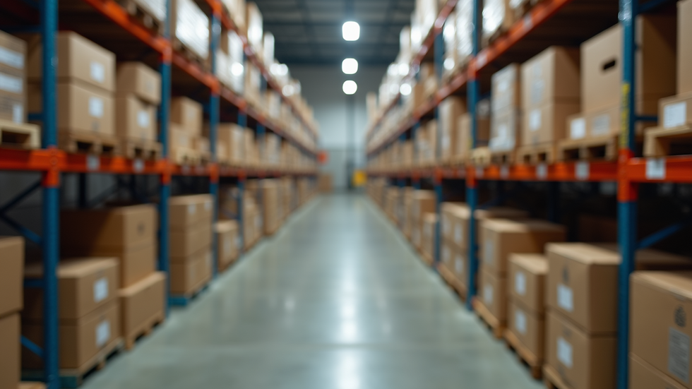 High angle view of a warehouse with labelled boxes and inventory tags
