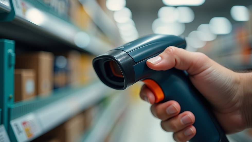 Close-up view of barcode scanner reading a product code