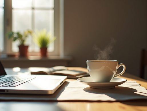 Tisch it Laptop und dampfender Kaffeetasse