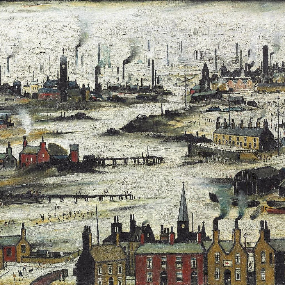 Industrial cityscape with factory chimneys emitting smoke, buildings in muted colors, and small figures in the foreground. A somber, busy mood.