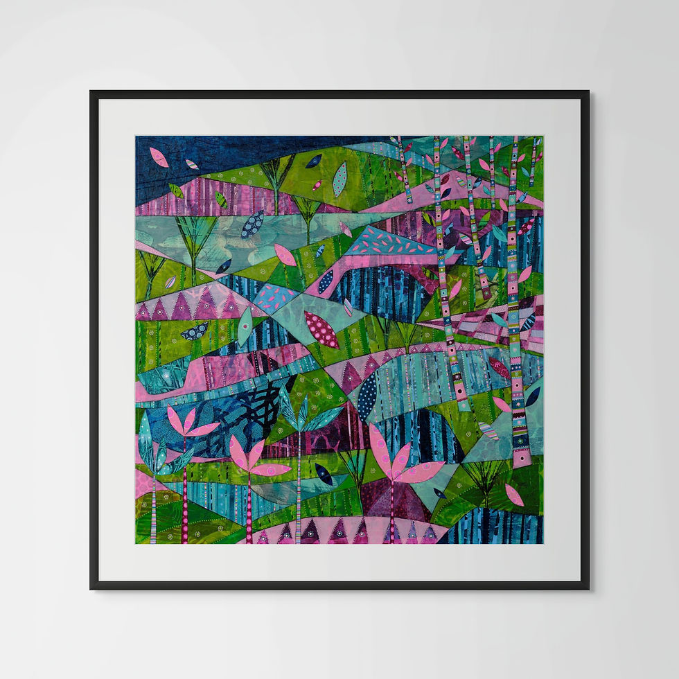 Thumbnail: Hidden Valley abstract wall art print in green, pink and blue tones, evoking discovery and freedom