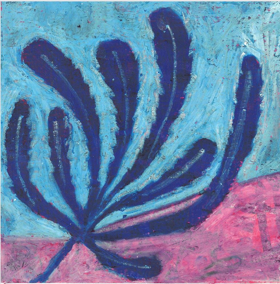 Abstract painting with dark blue organic shapes against a textured blue and pink background, creating a dynamic and vibrant mood.