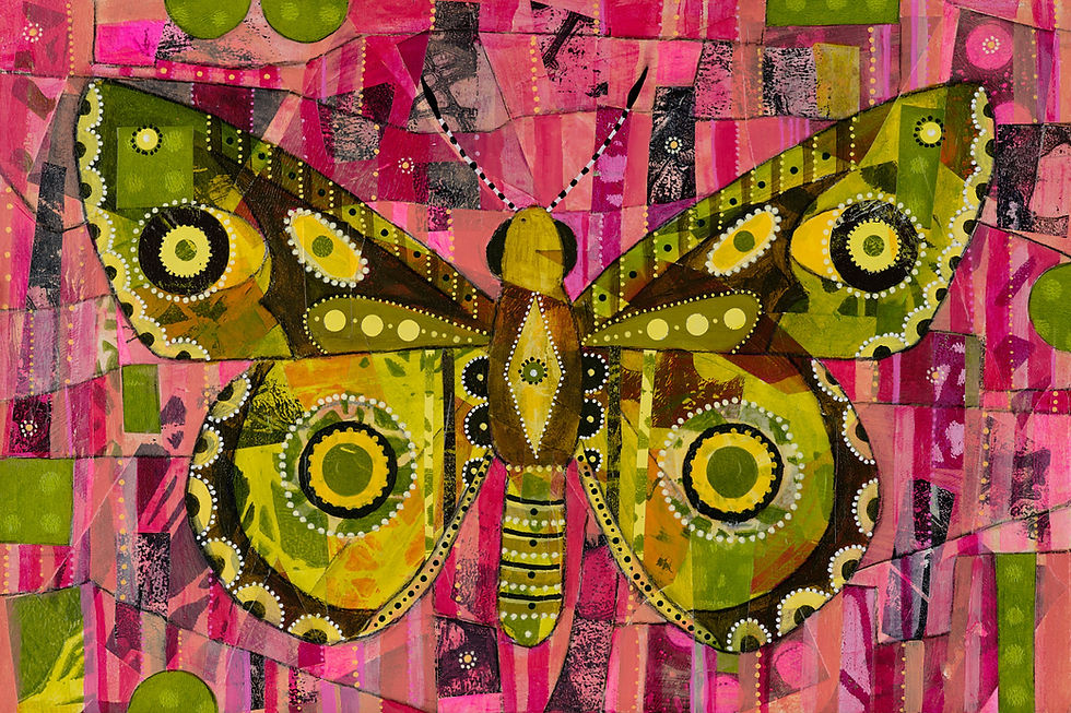A colorful collage of a moth with intricate yellow and green patterns against a vibrant pink geometric background.