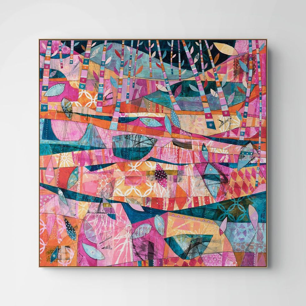 Into the Shadows abstract wall art in hot pink, teal, burnt orange and navy, evoking the duality of light and shadow within t