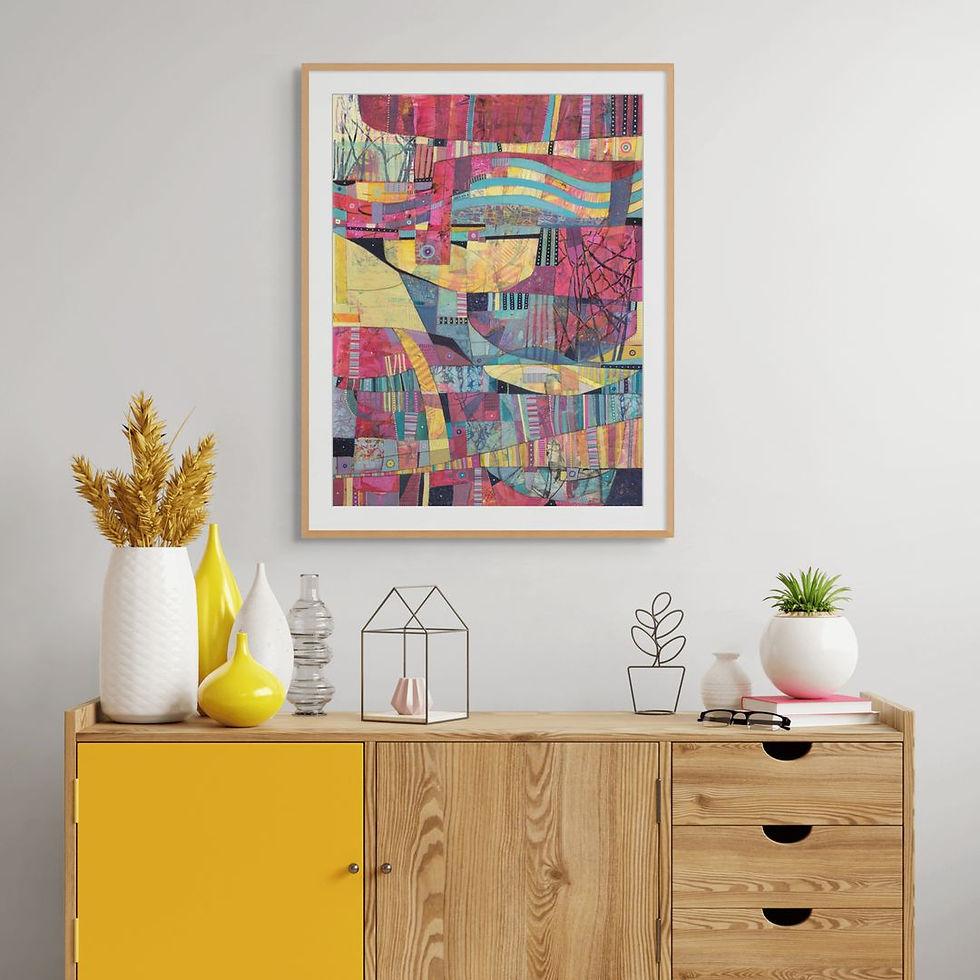 abstract shapes artwork on paper framed in oak black or white in a room scene