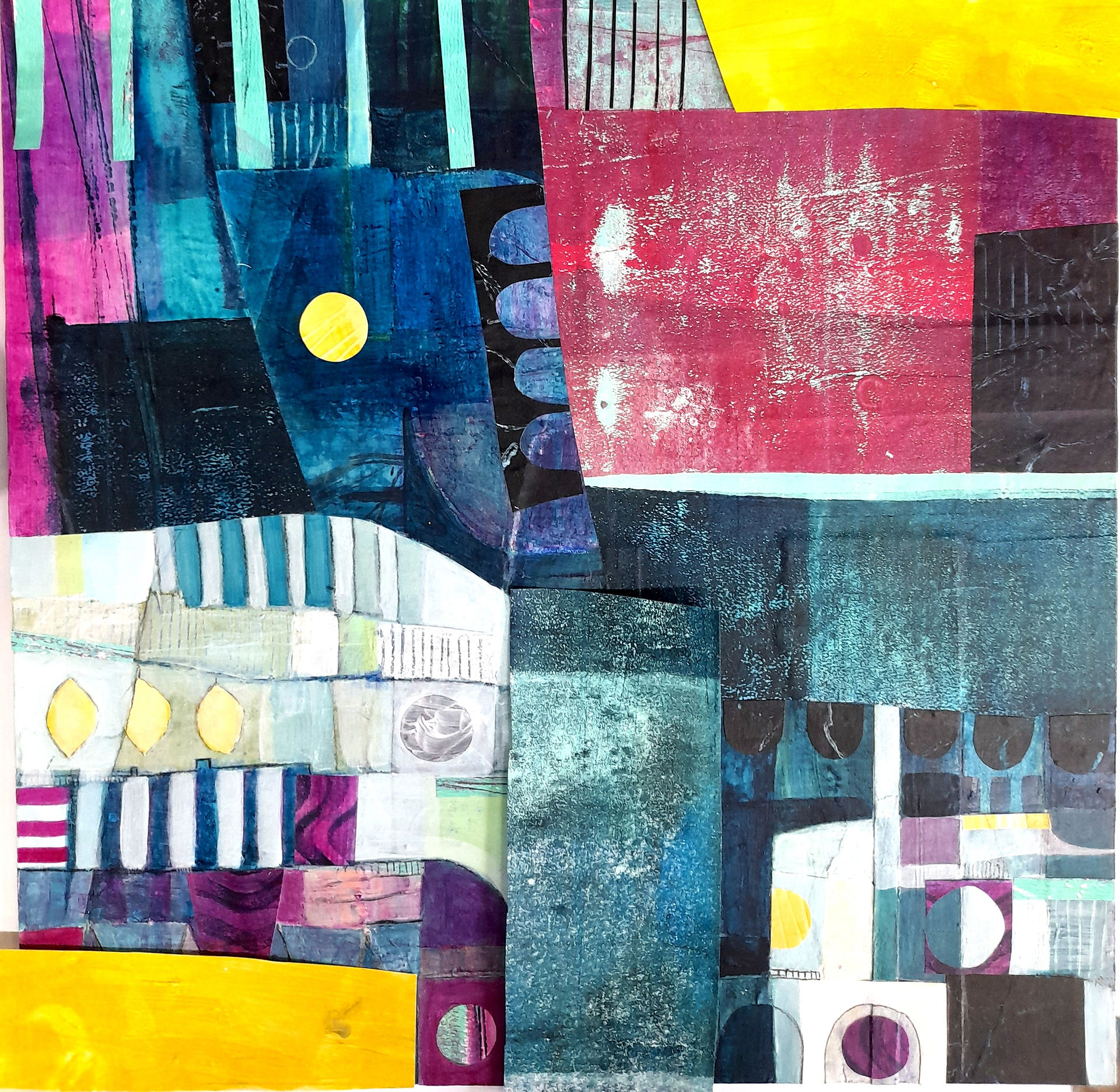 abstract collage in purple and yellow