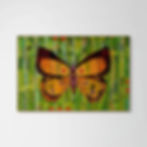 abstract butterfly painting in orange on a green background framed in oak