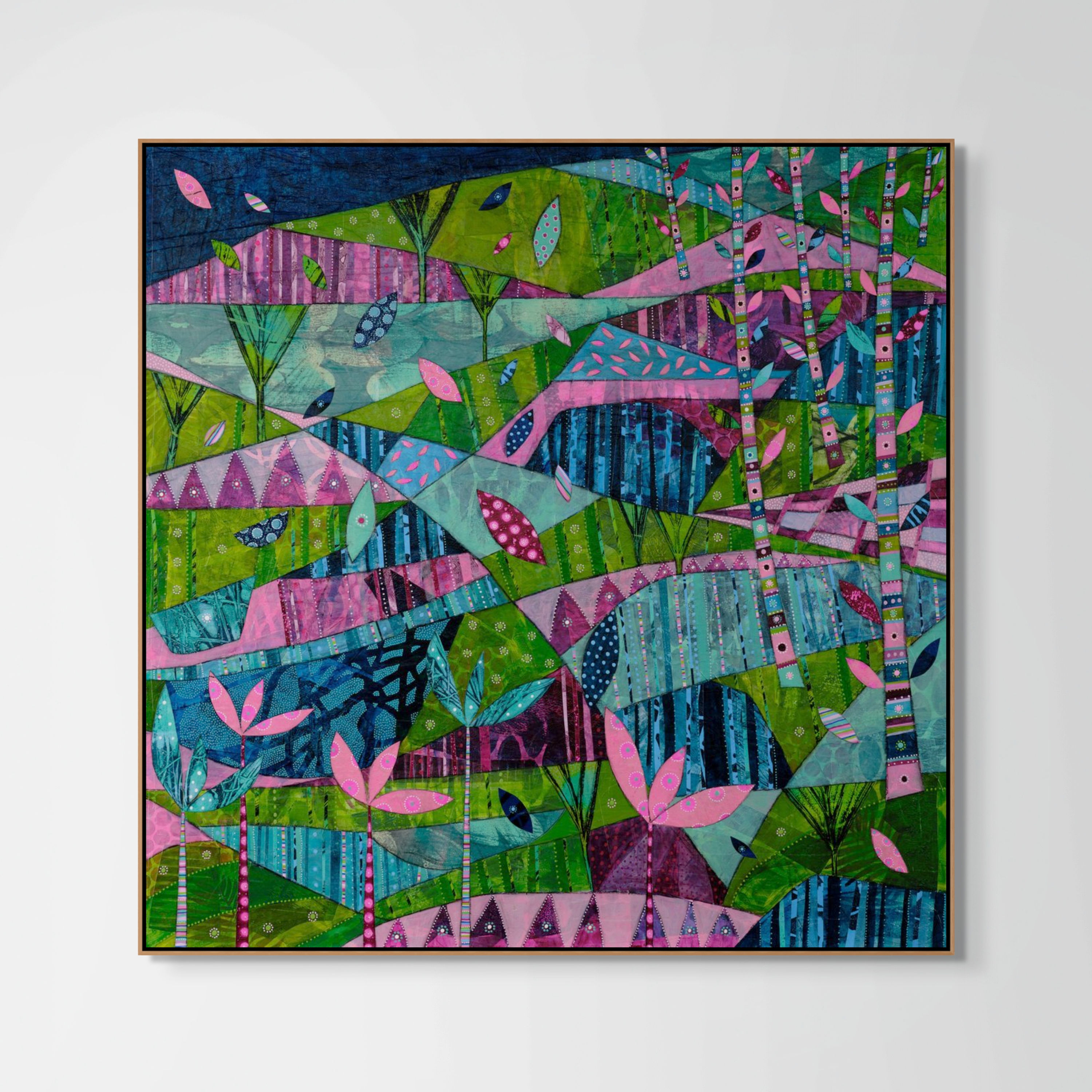 abstract landscape art print on canvas framed in oak