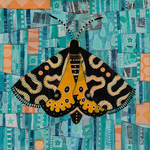 brown and orange moth painting on a blue background