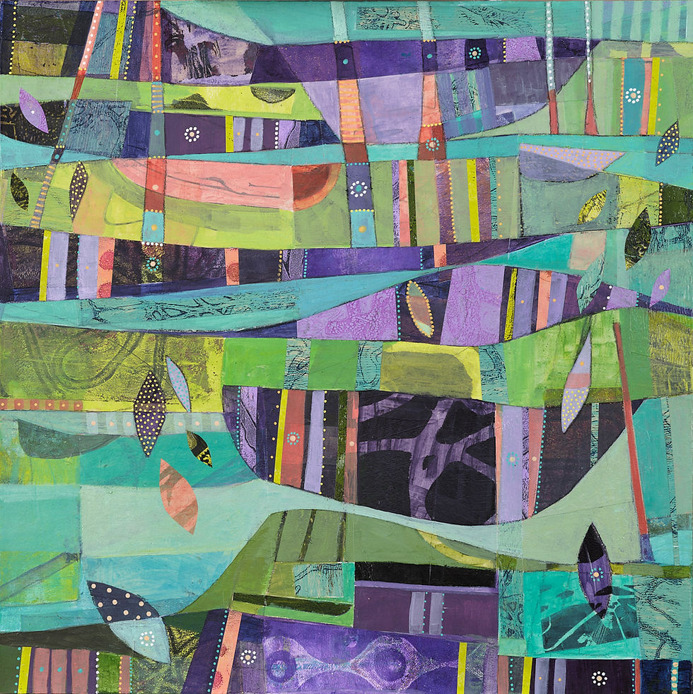 Abstract painting with vibrant colors: green, purple, blue. Geometric shapes and lines create a dynamic, energetic pattern.