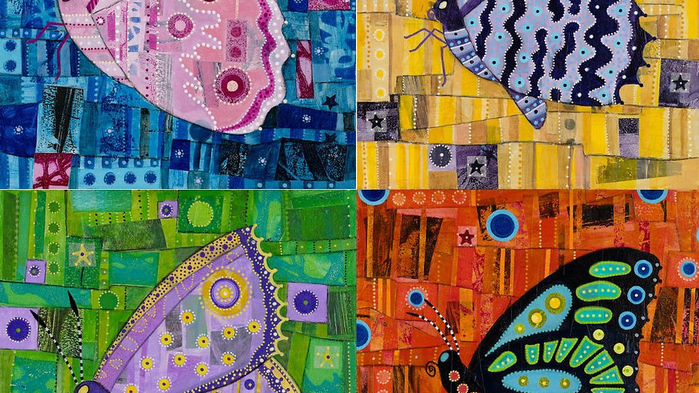 Colorful mosaic of four butterflies. Each is uniquely patterned on vibrant backgrounds—blue, yellow, green, and orange.