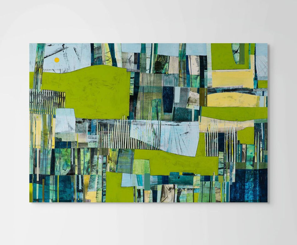 abstract landscape artwork coastal inpired theme in green and blues framed in room scene