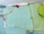 Abstract painting with green and blue shapes divided by red and yellow lines. Soft hues and geometric patterns create a serene mood.
