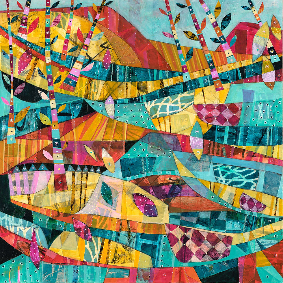 Abstract painting of multicolored fish and trees against a geometric, patchwork background. Bright blues, reds, yellows create a lively scene.