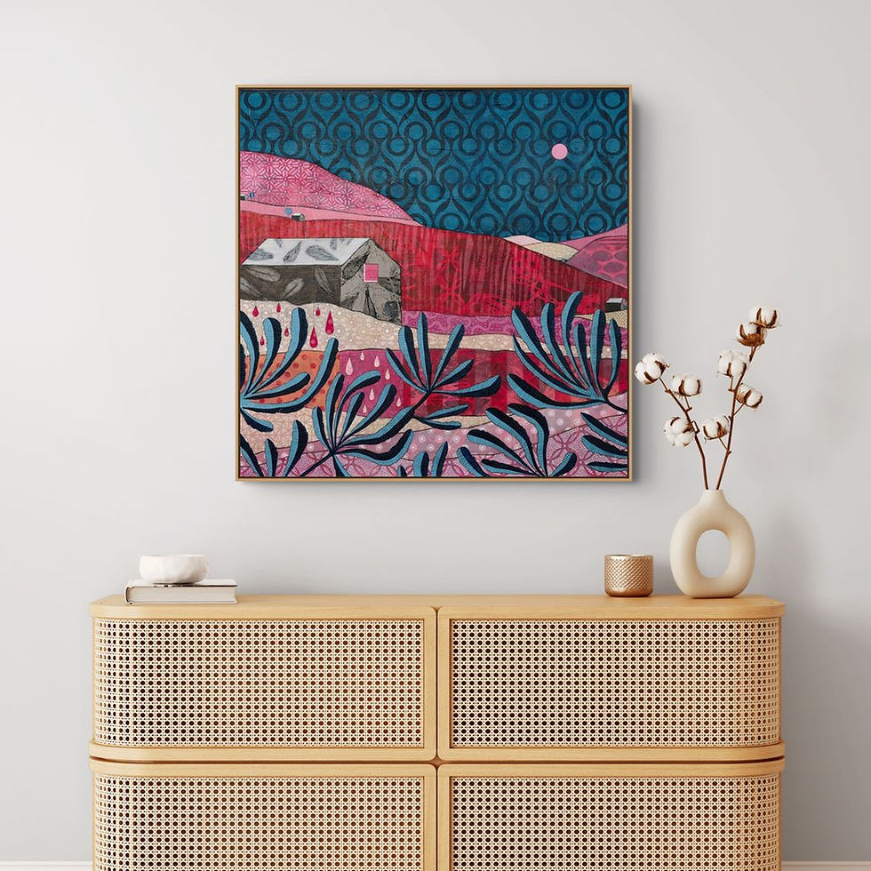 Thumbnail: Where the Clouds End abstract wall art in dark blue, pink and beige, evoking freedom and open horizons