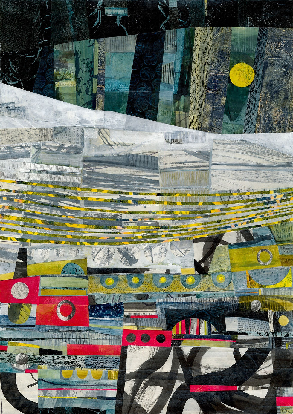 Abstract collage with layered patterns and textures. Features green, yellow, white, red hues, and a yellow circle in a dynamic design.