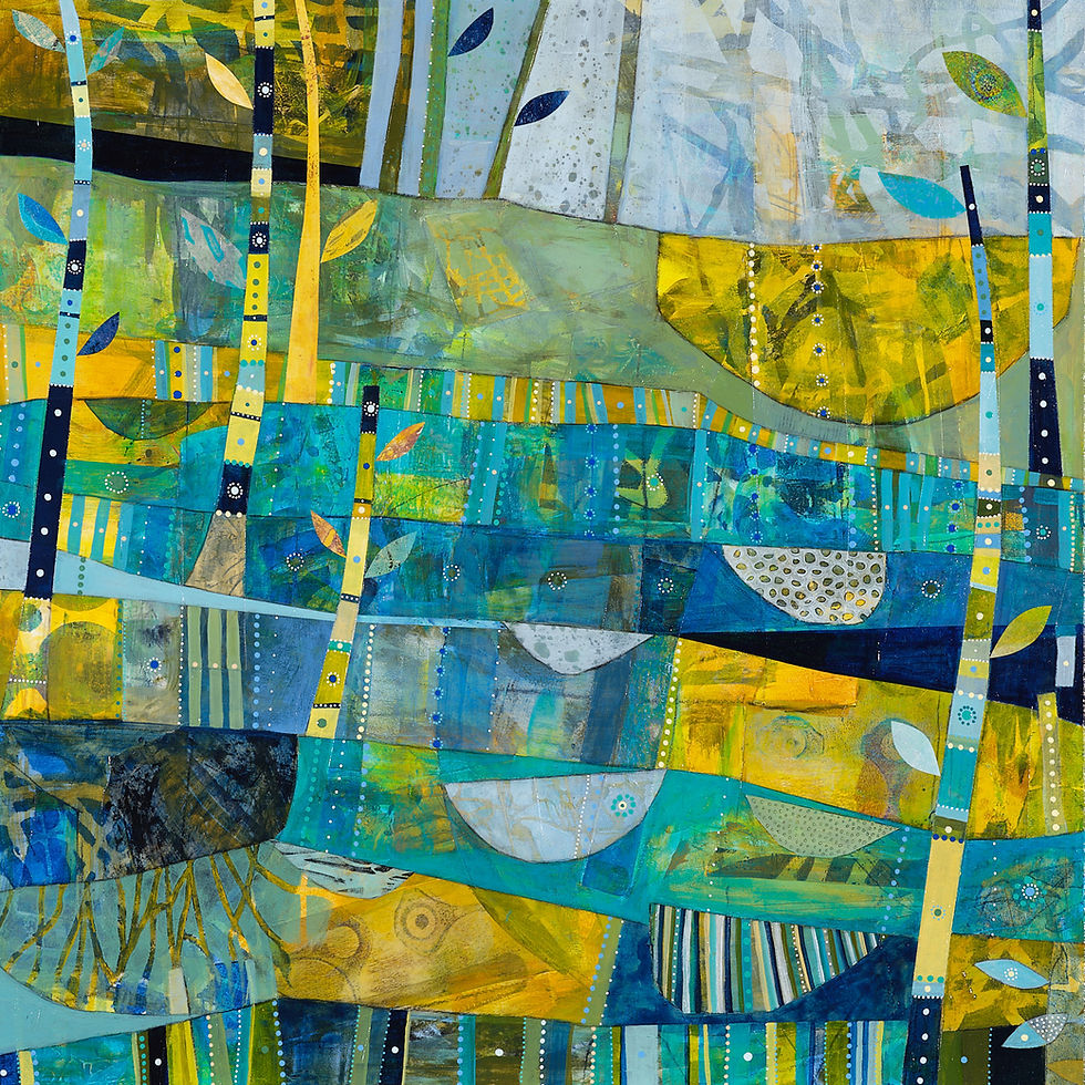Colorful abstract painting with blue and yellow geometric shapes, dotted patterns, and leaf motifs, creating a vibrant, lively atmosphere.