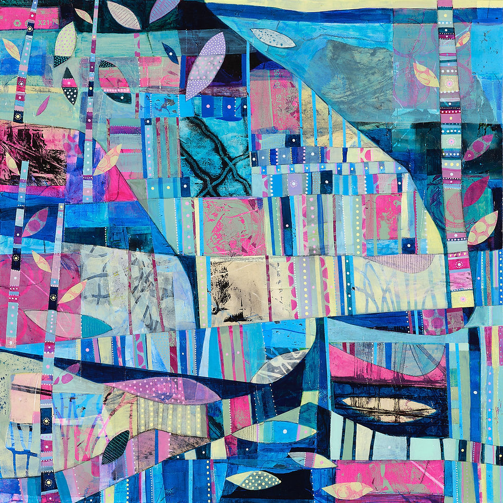 Abstract artwork with vibrant blue, pink, and teal geometric patterns. Features leaf shapes and textured stripes, creating a dynamic, colorful scene.