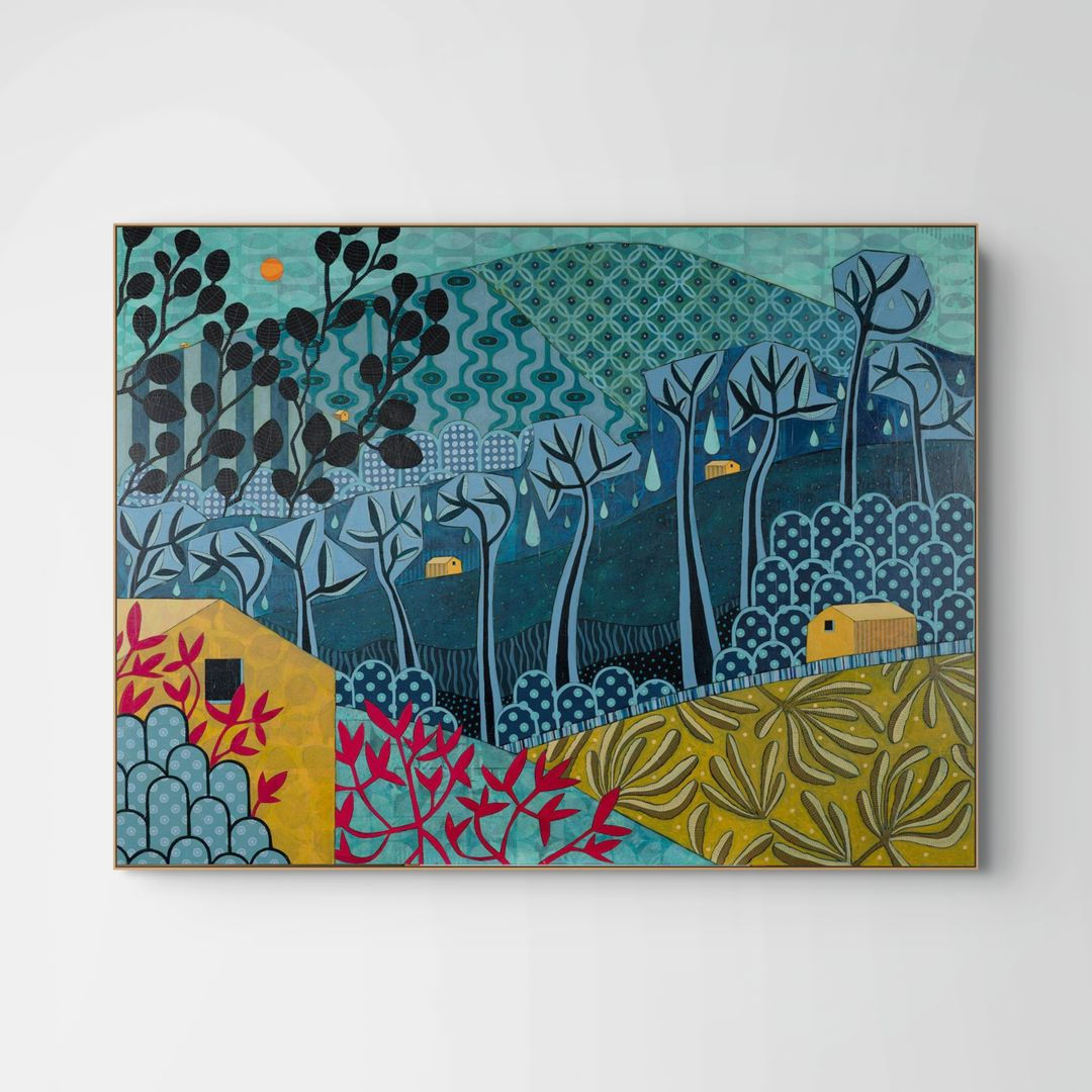 Receiving the Dream abstract wall art in blue, yellow and red, evoking a recurring childhood dream and vivid memory