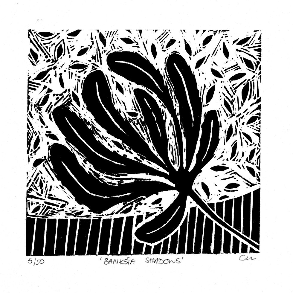 Thumbnail: abstract botanical lino print of a banksia leaf in black and white