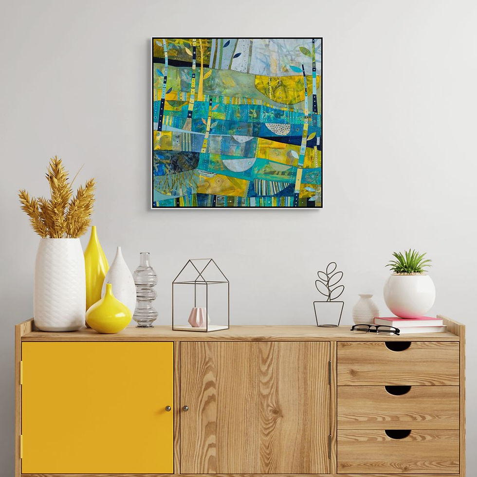 Thumbnail: abstract landscape art print on canvas in green blue and yellow coastal theme
