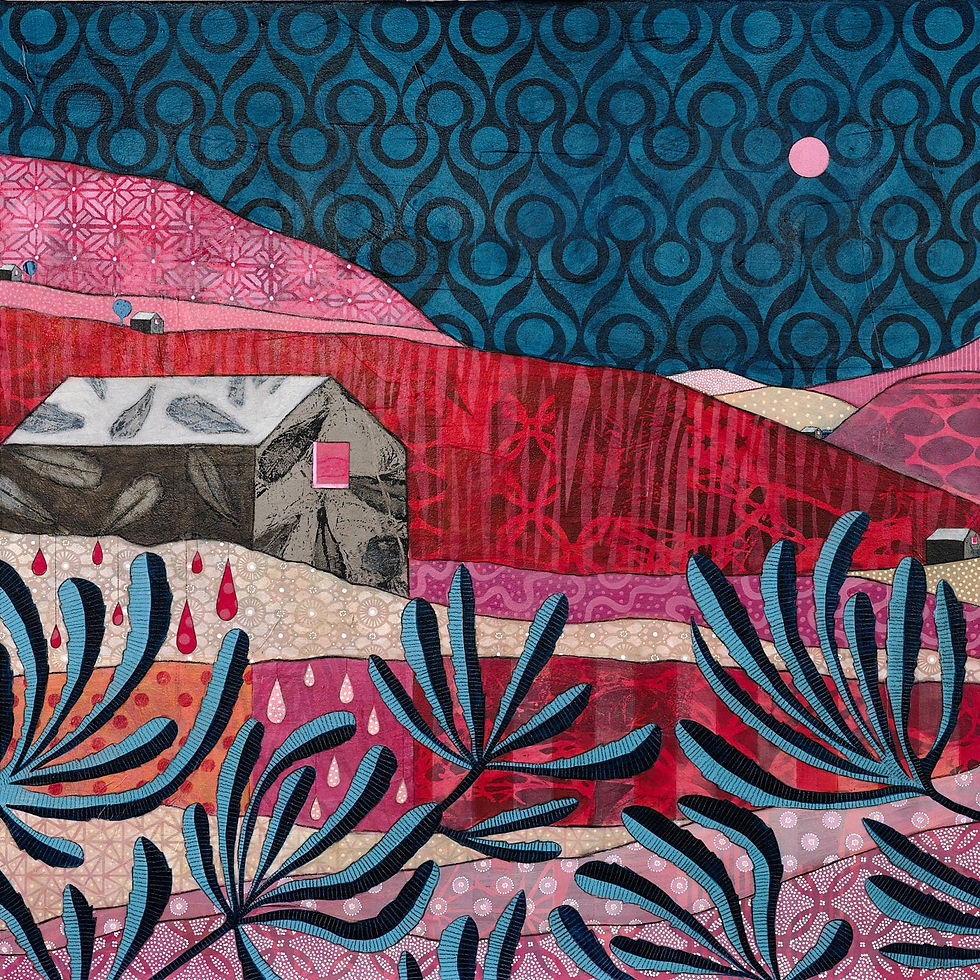 Thumbnail: Where the Clouds End abstract wall art in dark blue, pink and beige, evoking freedom and open horizons