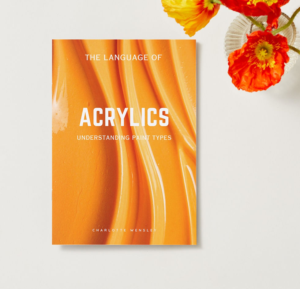 Thumbnail: the language of acrylics in bold white type over an image of fluid orange paint