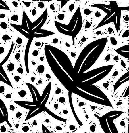 Black and white pattern featuring bold leaf shapes and scattered dots. Leafy design creates a dynamic, abstract texture.