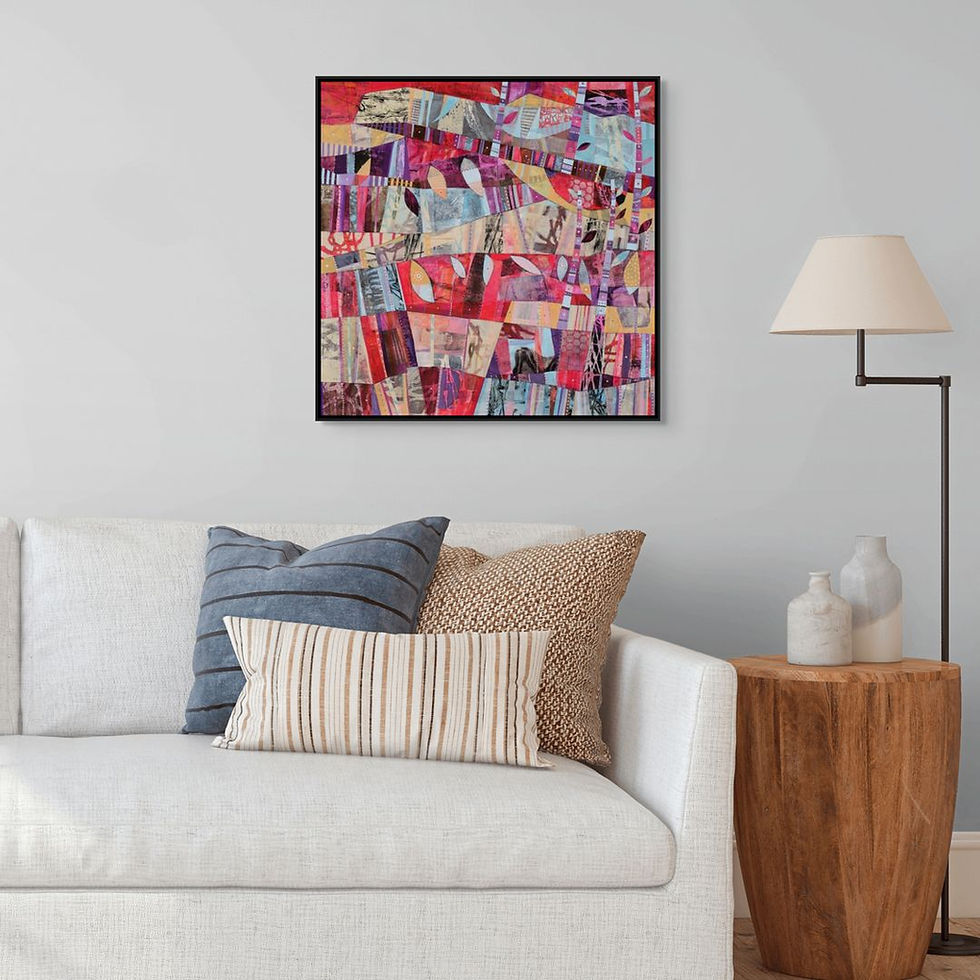 Thumbnail: abstract landscape art print in red and lilac on canvas in room scene